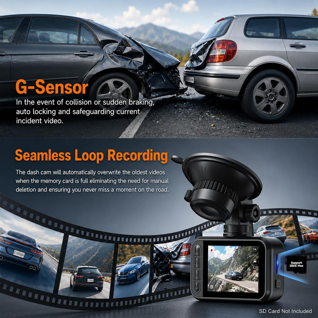 dash cam front and rear for cars, 2.5k+1080p showing dimensions