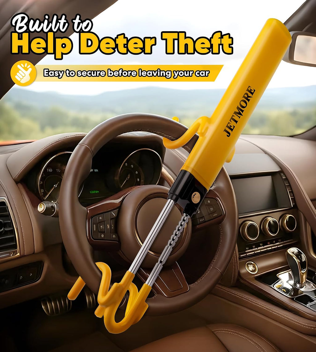 JETMORE Steering Wheel Lock Adjustable Car Anti Theft Device Reinforced Steel Lock with Double Hook Design Car Locks with Keys Heavy Duty Lock for Cars Trucks SUVs Car Accessories Wheel Lock