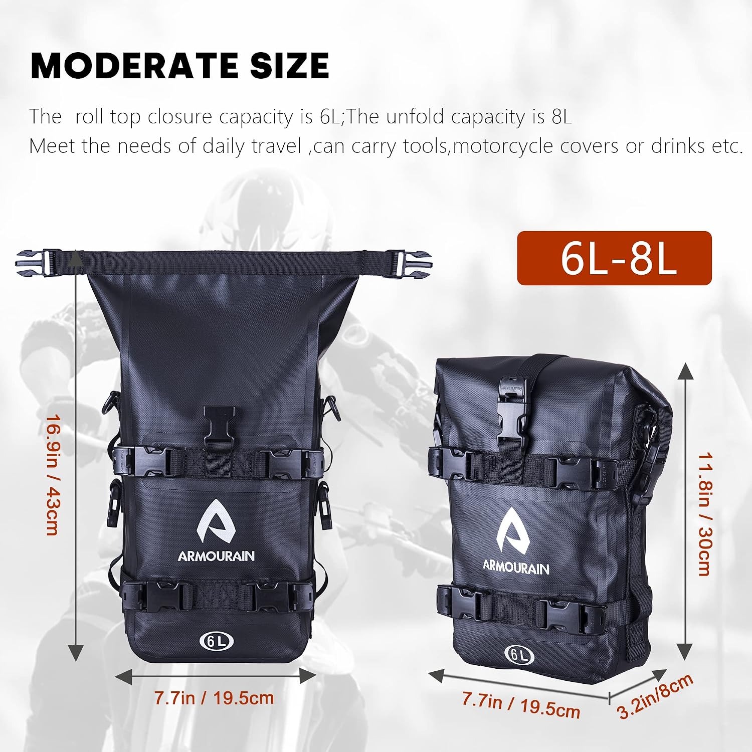 Motorcycle Bumpers Bag Waterproof 6L 8L 15L Motor Crash Bar Bag with Shoulder Strap Motorcycles Side Frame Bag Riding Tools Accessories(6L Black TPU)