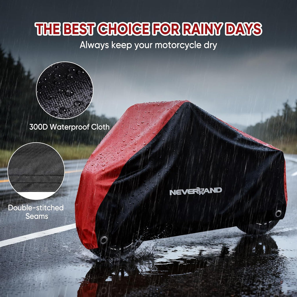 NEVERLAND Motorcycle Cover Waterproof Outdoor - All Season Scooter Covers Heavy Duty with 2 Lock-Holes, Bandage & Storage Bag Fits Most Motorcycles, Scooters, Dirt Bikes, Sportbikes (Up to 104”)