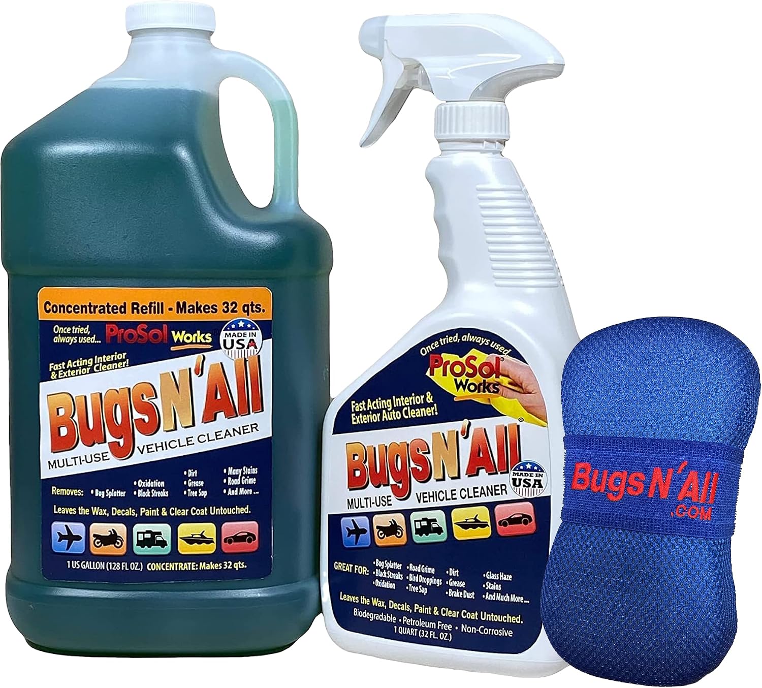 Bugs N' All Multi Surface Cleaner Spray Concentrate 1 Gal. w/Empty Cleaning Spray Bottle 32 oz. & Bug Sponge for Car Washing - Mutli-Vehicle Cleaning - Bug & Tar Remover for all Vehicles