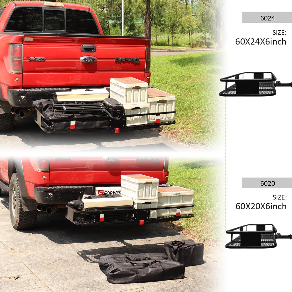 FORWODE 60x20x6 Hitch Cargo Carrier for 2 Inch Receiver, 500LB Capacity Hitch Mount Cargo Rack Carrier, Folding Hitch Cargo Basket with Antirust Coat