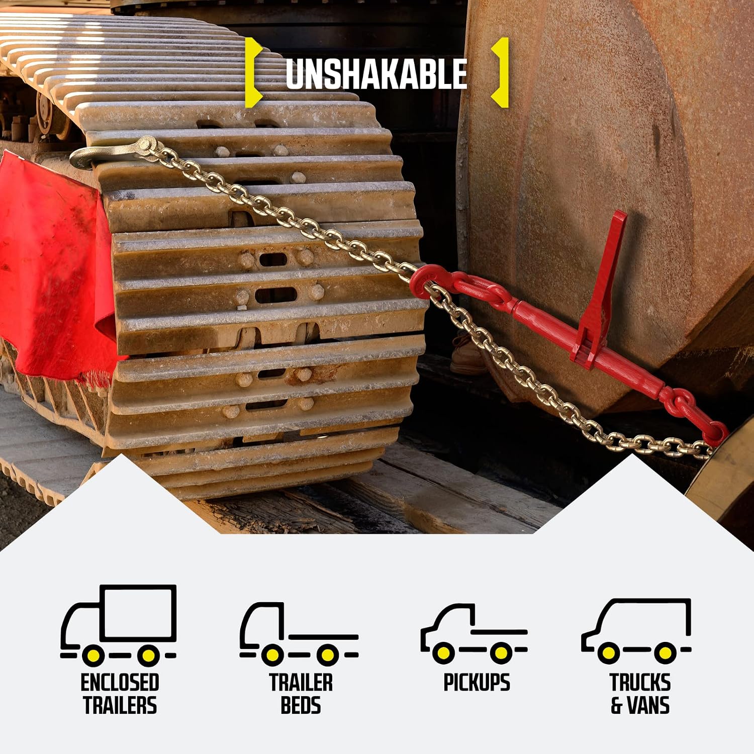 DC Cargo Tie Down Transport Chains - Heavy Duty Tow Chain With 3/8" Grade 70, Log Hooks, G70 Load Binder, 20 ft Long, 6,600 lbs WLL (Pack of 4)
