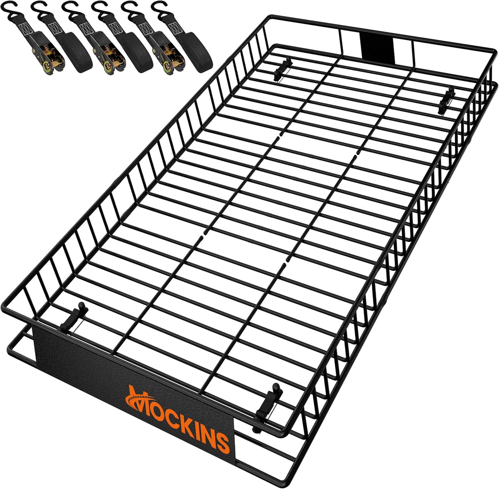 Mockins 90"x50"x6" XXL Heavy Duty Roof Rack Cargo Basket 2-Size Extendable | 250 Lbs Cap Steel Luggage Carrier for Car Rooftop Set w/ Straps| All-Weather Roof Cargo Carrier for SUV, RV, & Large Vehicles