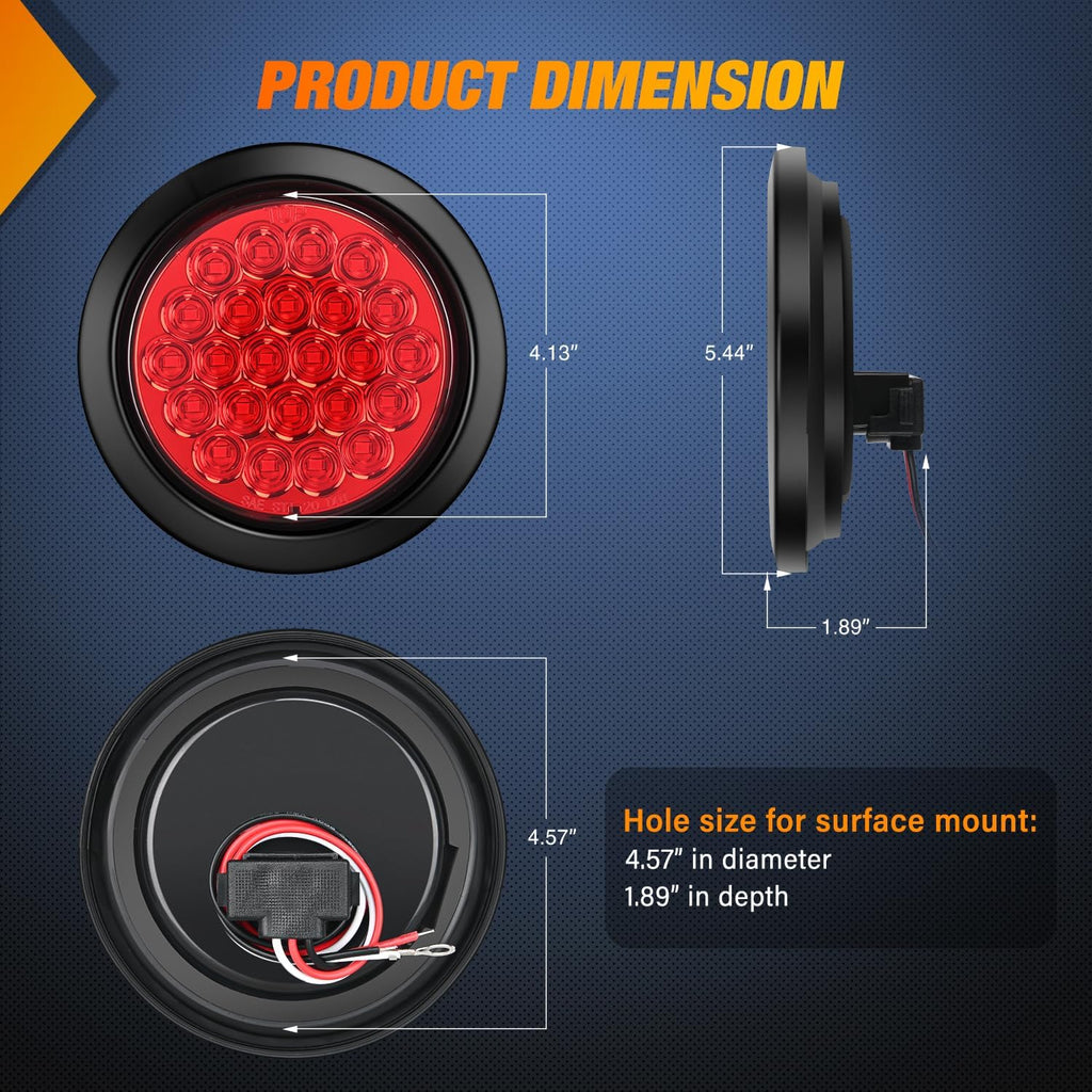 Nilight 4Inch Round Trailer Tail Light 2PCS 24LED Red Stop Brake Turn Marker Lights w/Flush Mount Grommets Plugs IP67 Waterproof for 12V Truck Bus RV Camper ATV UTV