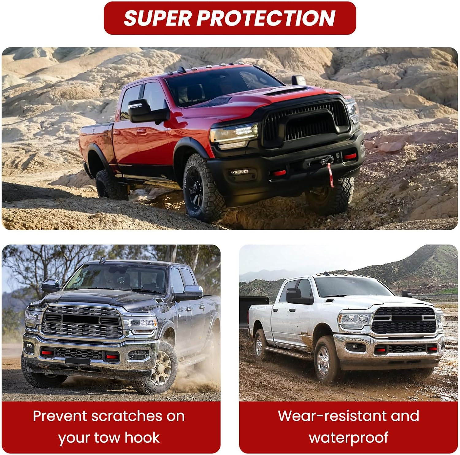 Front Tow Hooks Covers for RAM 2500/3500 2019-2026, Hitch Cover Customized Car Tow Hooks Compatible with RAM 2500/3500 Accessories 2019-2026 (Red)