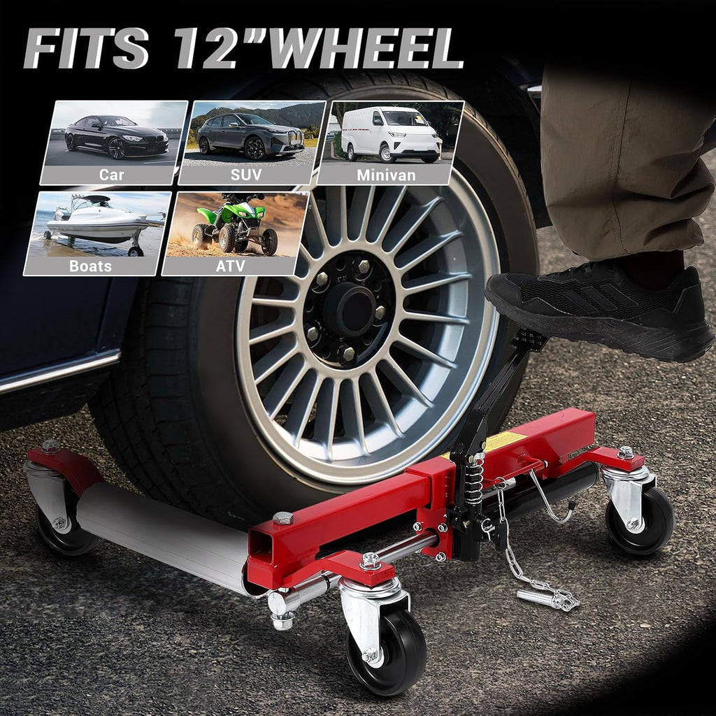 Hydraulic Car Wheel Dolly 1500LBS Set of 2, Heavy Duty Steel Rollers with Ratcheting Foot Pedal, Vehicle Positioning Tire Dolly for Auto Repair and Moving Cars Trucks RVs, Red