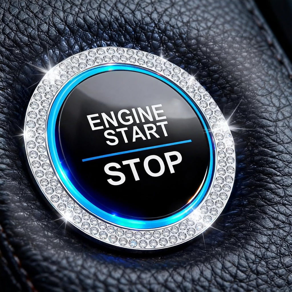 2PCS Crystal Rhinestone Car Engine Start Decoration Ring, Push to Start Button Cover Stickers, Combinatorial Bling Car Interior Accessories for Women (Double row - Silver)