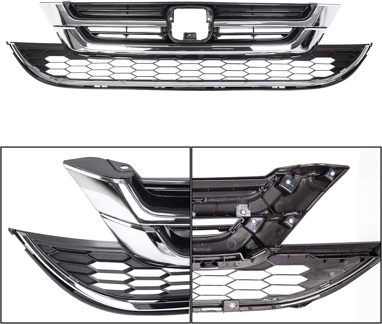 KUAFU Front Bumper Upper & Lower Grille Grill Compatible with 2010-2011 Honda CRV CR-V Replacement for 71123-SWN-H11 71121-SWN-H11 Hood Mesh Radiator Grille Grill Chrome Painted Silvery+Black
