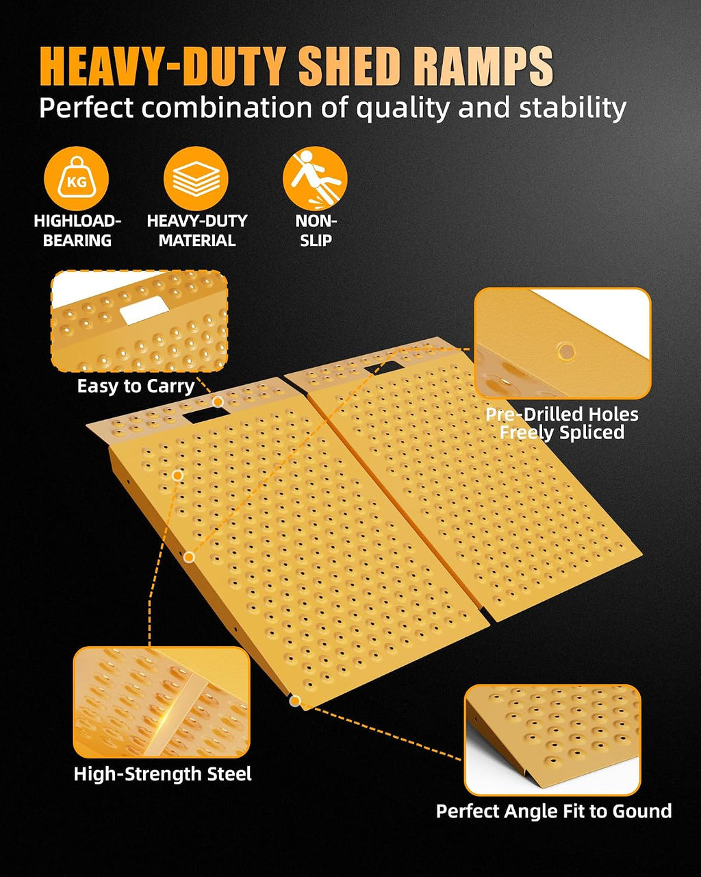 VNN 36" x 48" Shed Ramp for Riding Mower - 1500 LB Capacity Shed Ramps, Anti-Slip Punch Plate Ramp for ATV, Motorcycles, Garages & Barns (2PC, Yellow, Alloy)