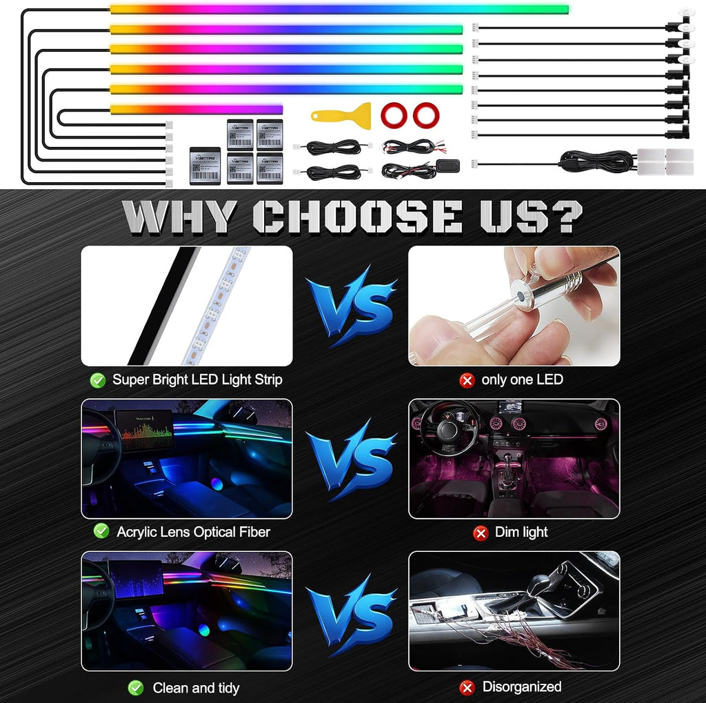 Dreamcolor Acrylic Interior Car LED Strip Light with Wireless APP, Dual Zone RGB 18 in 1 with 175 inches 593 LEDs Fiber Optic Neon Strip Lights for Car, Music Sync Neon Car Ambient Lighting Kits