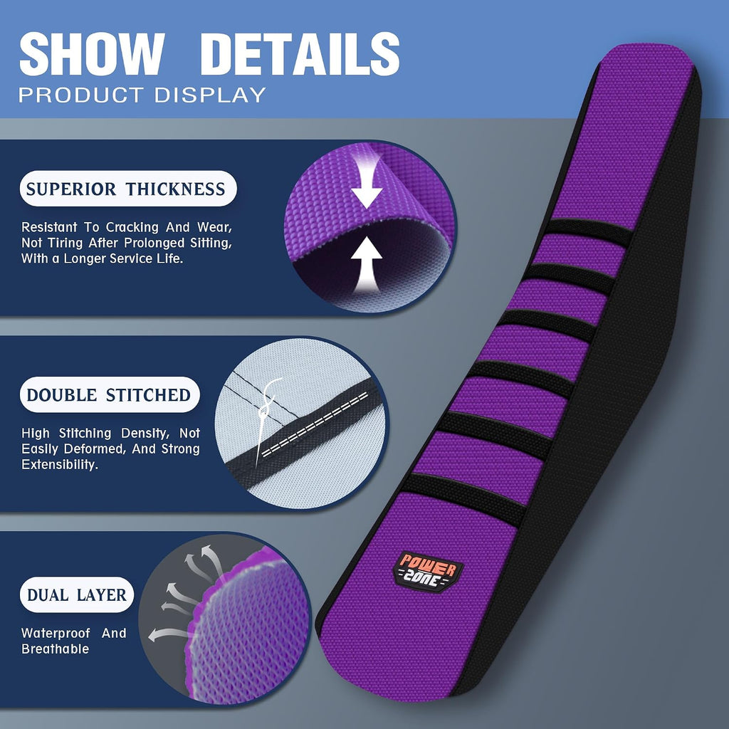 Universal White Dirt Bike Seat Cover, 6 Ribs Motorcycle Enduro Soft Dirt Pit Bike Seat Covers (Black-Purple)