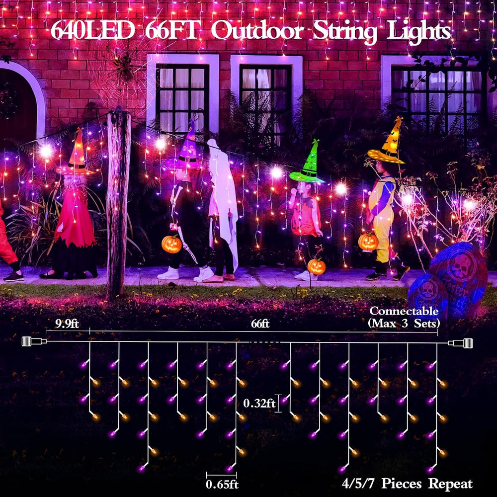 65FT 640 LED Orange Purple Halloween Lights Outdoor Fairy String Lights