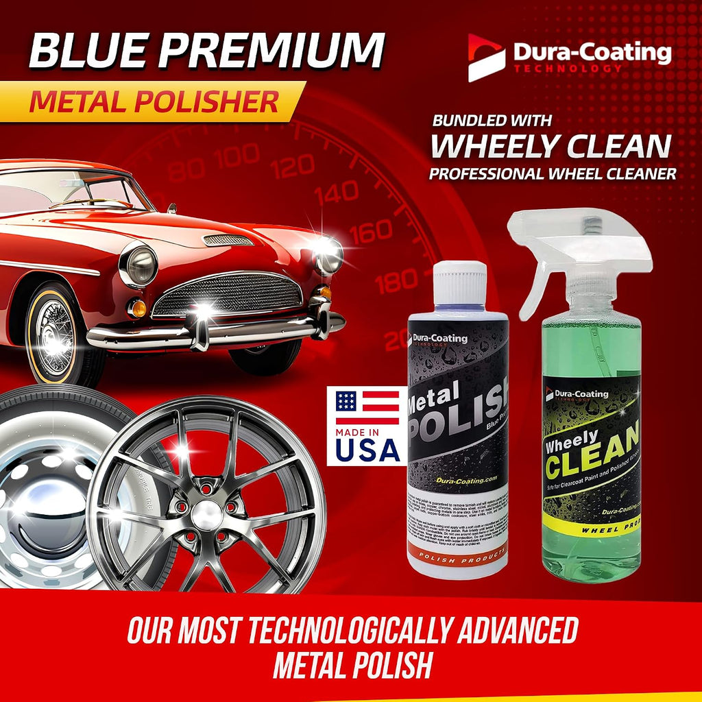 DURA-COATING TECHNOLOGY, Blue Premium Metal Polish - Perfect for Aluminum Wheels, Diamond Plate, Stainless Steel, Copper, Brass, & Nickel - 16oz Polish + 16oz Wheely Clean (Wheel and Tire Cleaner)