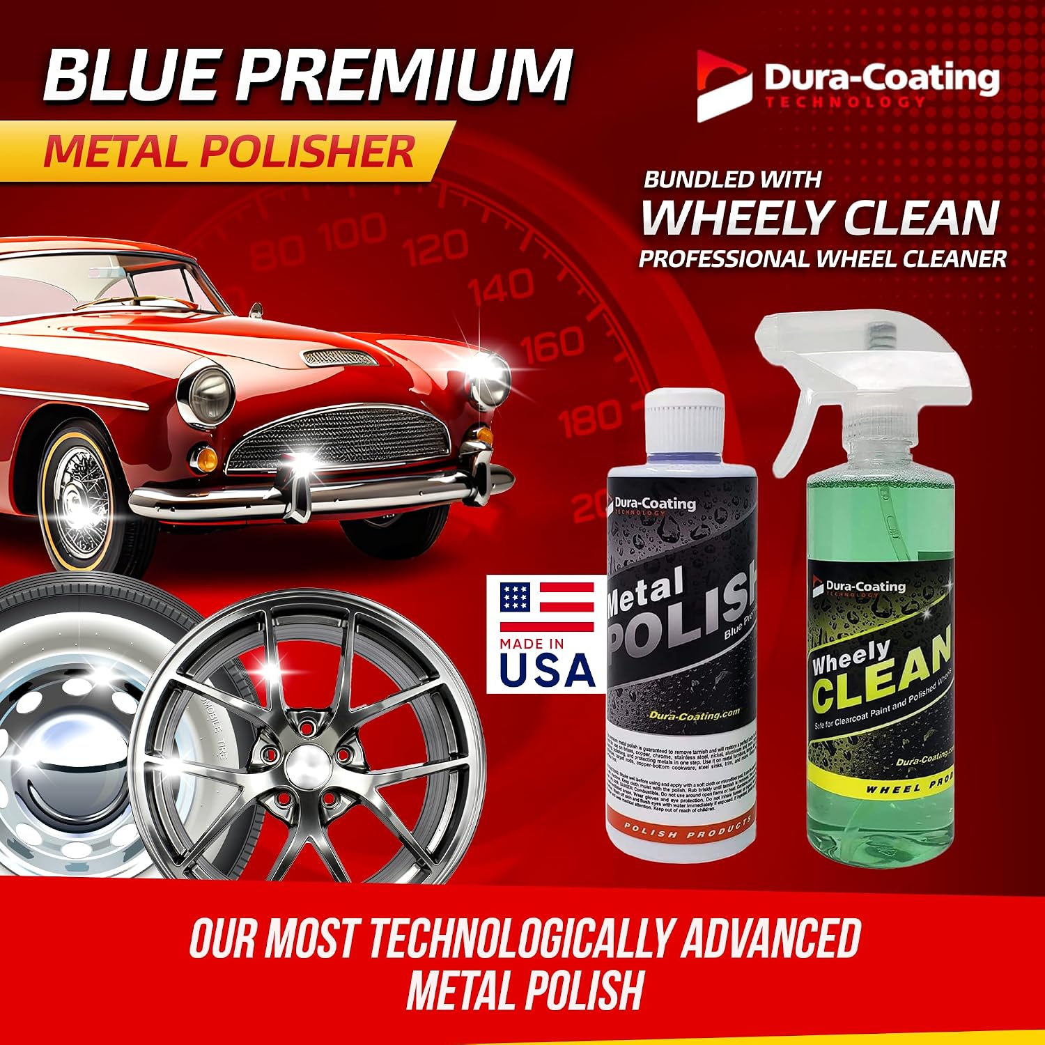 DURA-COATING TECHNOLOGY, Blue Premium Metal Polish - Perfect for Aluminum Wheels, Diamond Plate, Stainless Steel, Copper, Brass, & Nickel - 16oz Polish + 16oz Wheely Clean (Wheel and Tire Cleaner)