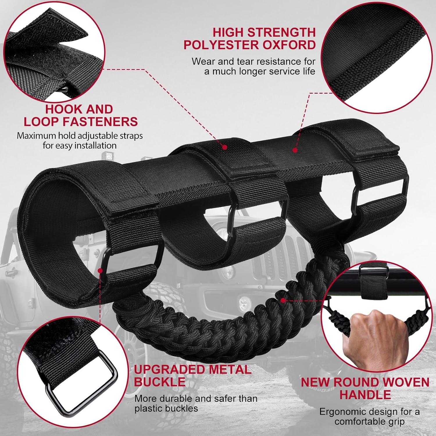 moveland Upgrade Roll Bar Grab Handles - Paracord Grab Handles for 1955-2023 Jeep Wrangler JL, JK, TJ, YJ & Jeep Gladiator Accessories - Premium Grade Nylon Materials, Strong(Black)