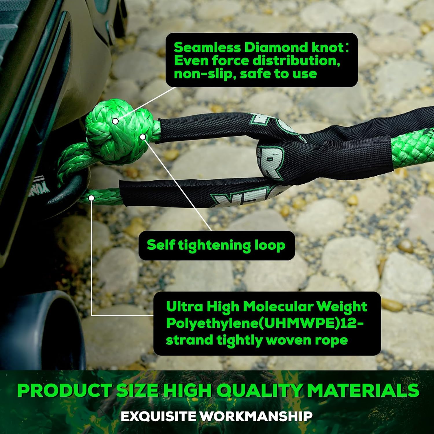Heavy-Duty Kinetic Recovery Rope Kit – 86,000lbs, 1.5in x 30ft – Includes 2 Ultra-Strong UHMWPE Soft Shackles – 35%+ Elasticity for Off-Road Recovery, Towing & Emergency Use (Reflective)