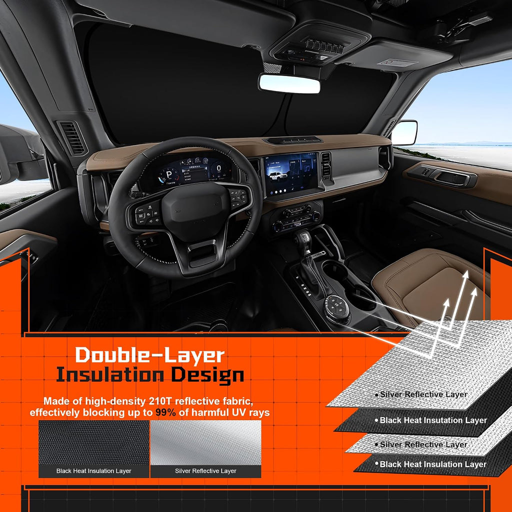 Custom Fit Windshield Sun Shade for Toyo-ta Tundra 2007-2021 - Full Coverage, 210T Reflective Fabric, Double-Layer Design - Blocks 99% UV Rays, Keeps Car Cool, Easy to Install and Store