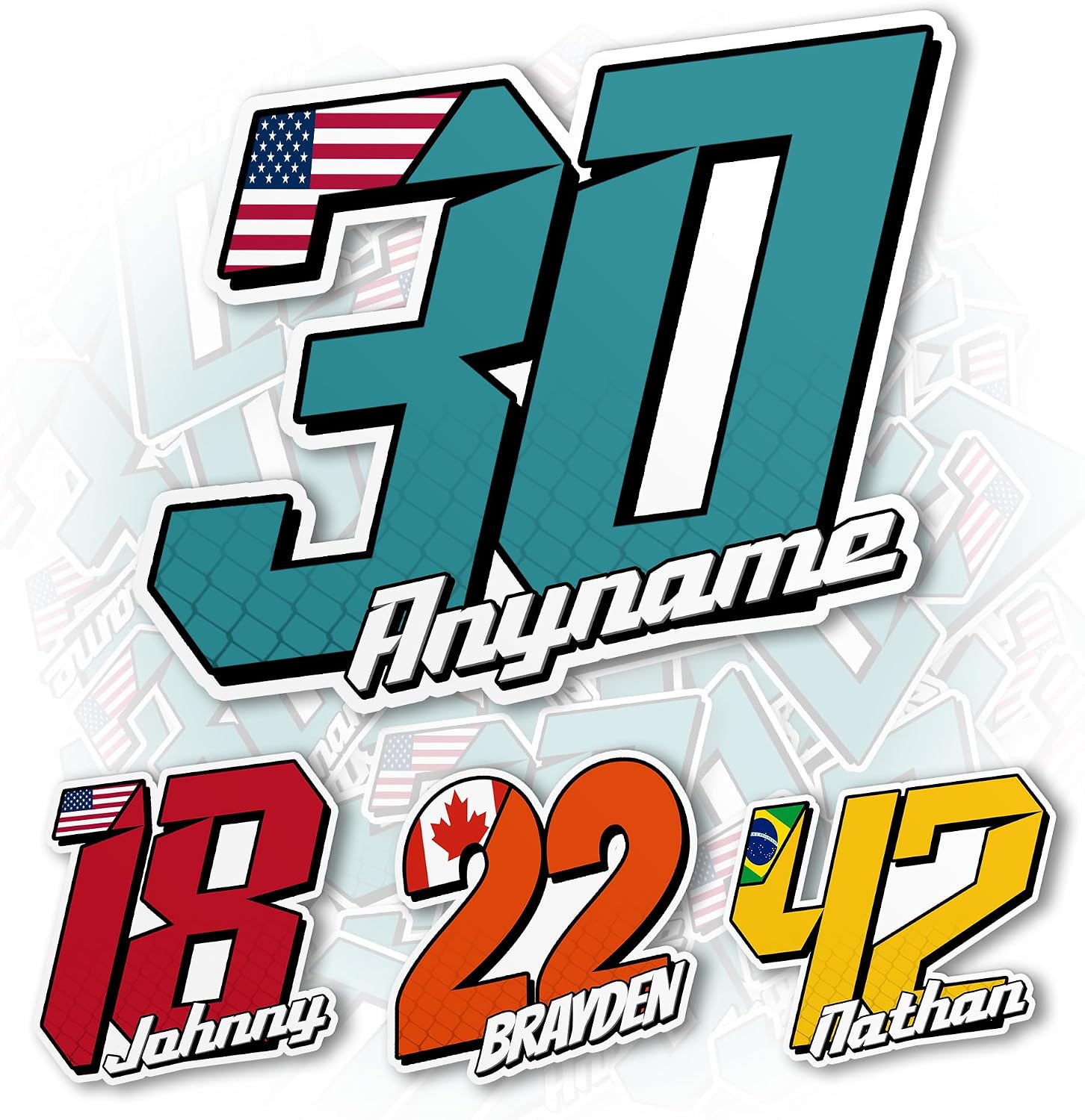 (New Update) Custom Race Number Sticker, Personalized Racing Name Number with National Flag Car Decal Waterproof Die-Cut Vinyl Stickers for Dirt Bike Plate BMX Car Decor Motorcycle Bike Motors RC