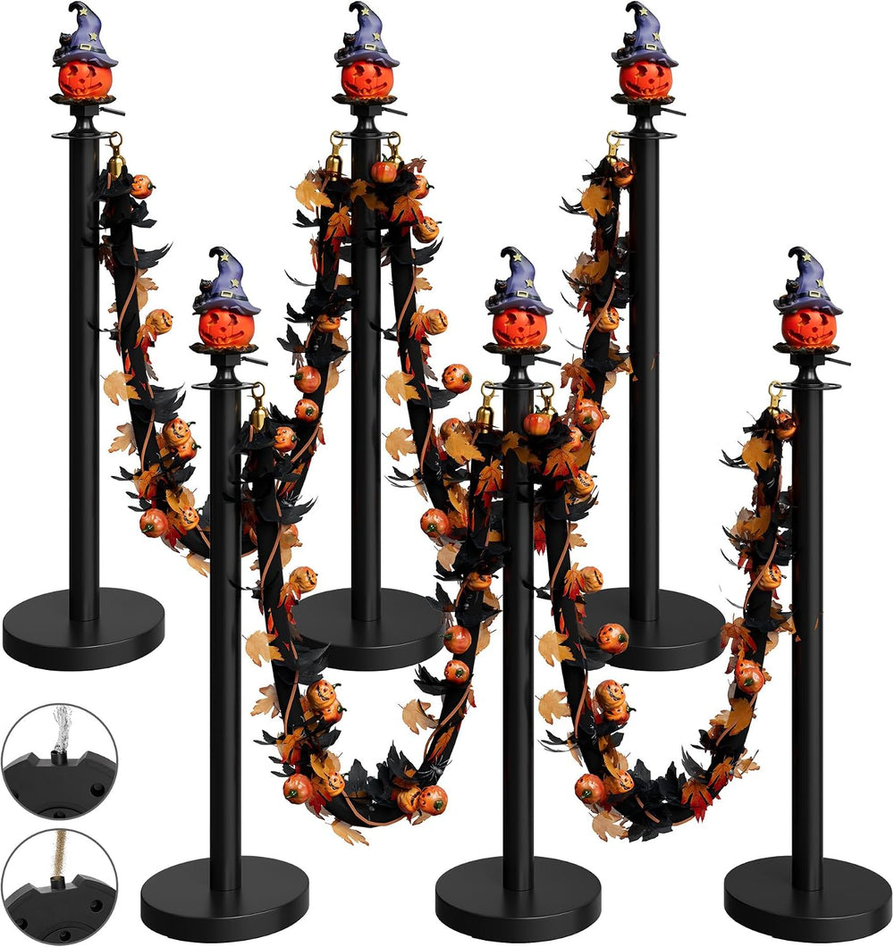 6 Pack Halloween Hat Pumpkin Head Black Stanchions and Velvet Ropes Set, Stai...