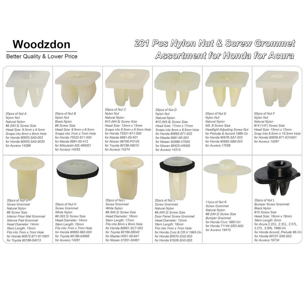 Woodzdon 231pcs Headlight Adjusting Screw Nylon Nut Bumper Grommet #6,#8,#10,#14 Screw Grommet Assortment for Honda for Acura Door Panel Nut Interior Floor Mat & Silence Pad Grommet License Nut