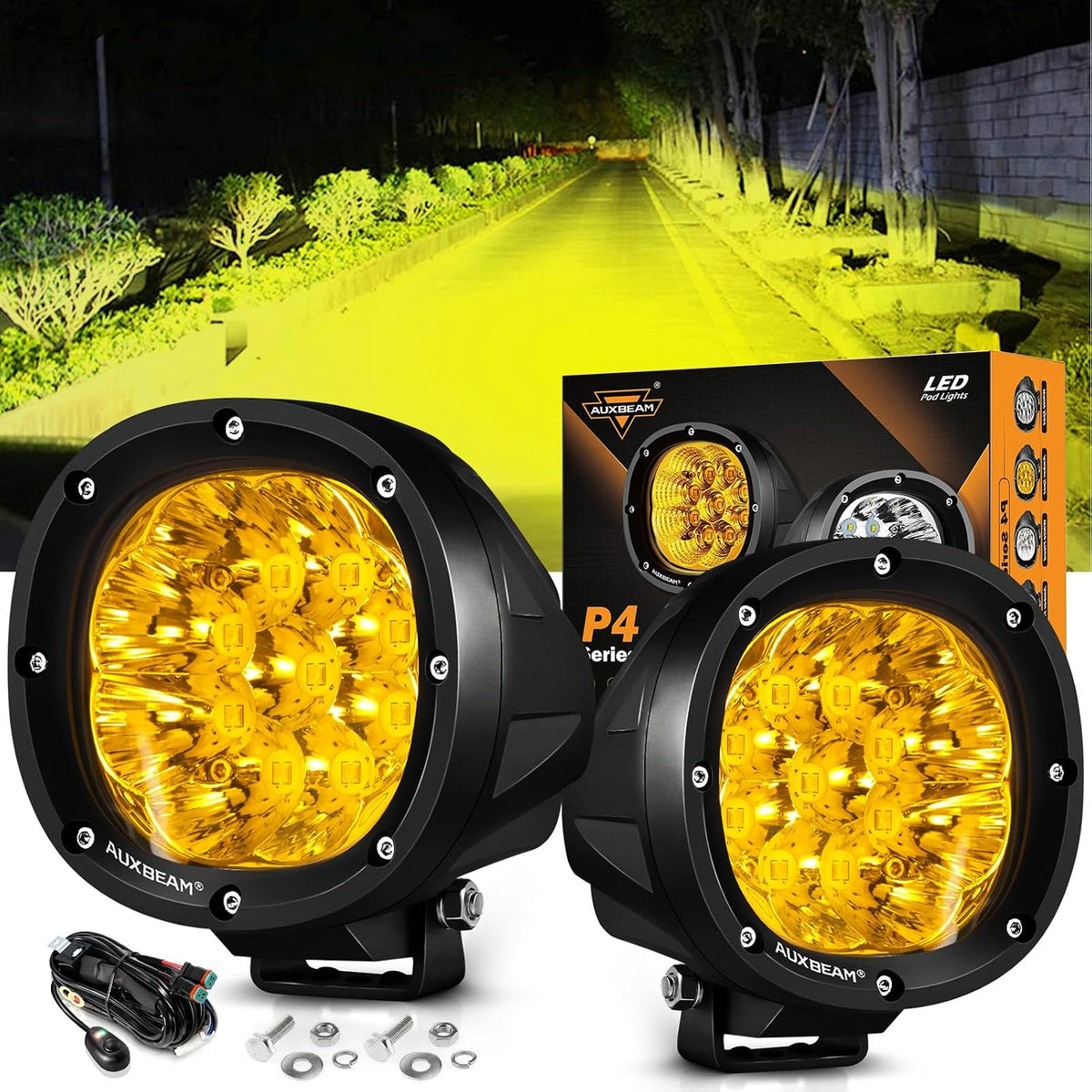 auxbeam 4in 90w amber round led off-road lights, main product view