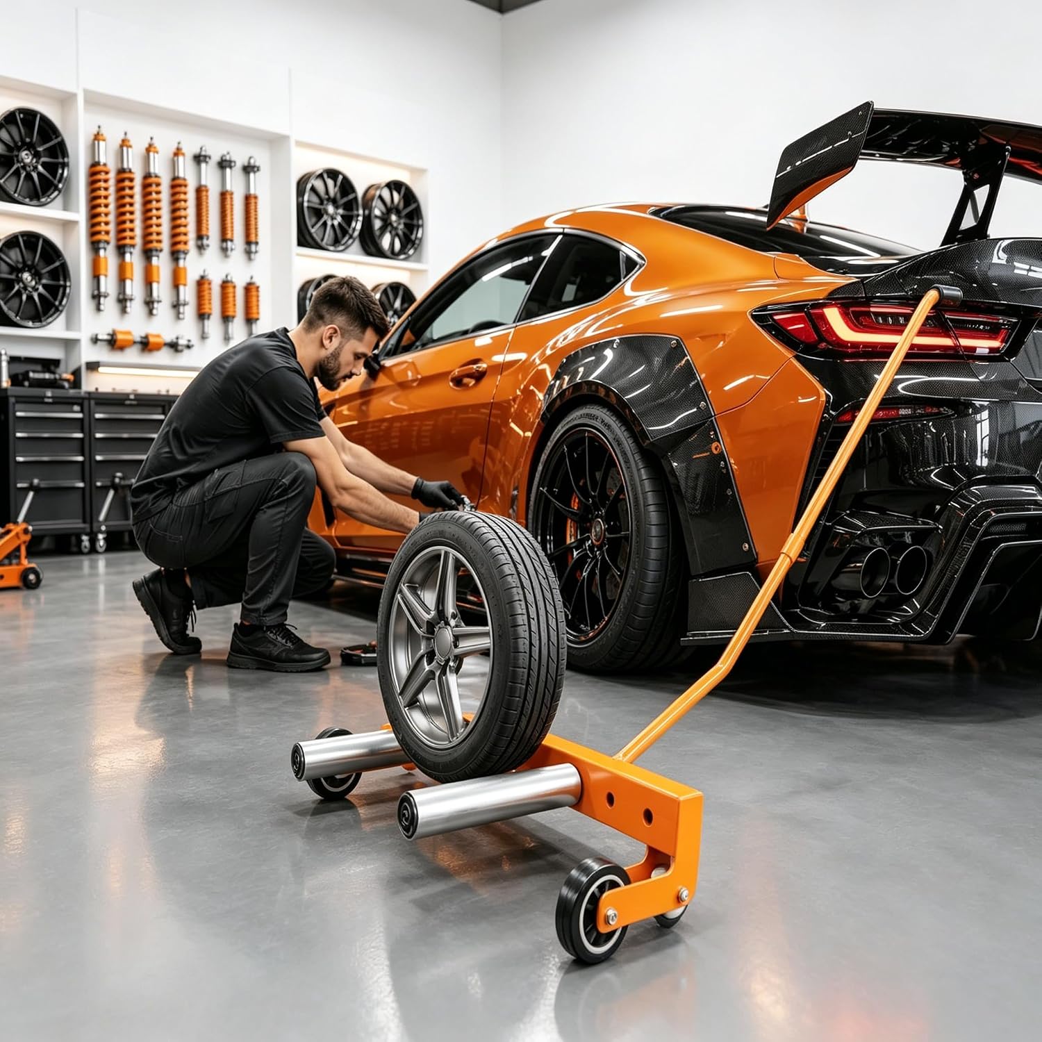 Tire Wheel Dolly, 330LBS Heavy Duty Adjustable Tire Lifter Dolly for Changing and Moving Tires, 12"-24" Width, 360° Rotatable Rollers, Ergonomic Handle, for Semi Truck SUV ATV RV Trailer Garage