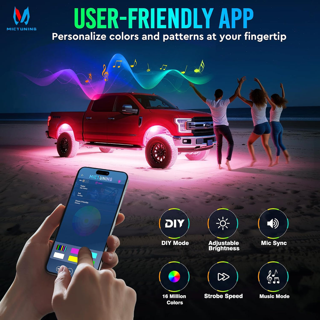 MICTUNING C4 RGBW Rock Lights Kit, 12 Pods 360° Ultra-Bright 4-Sided Wide Beam Angle Underglow Neon Accent Lighting Kit, Microphone Sync with APP Control, IP68 Waterproof