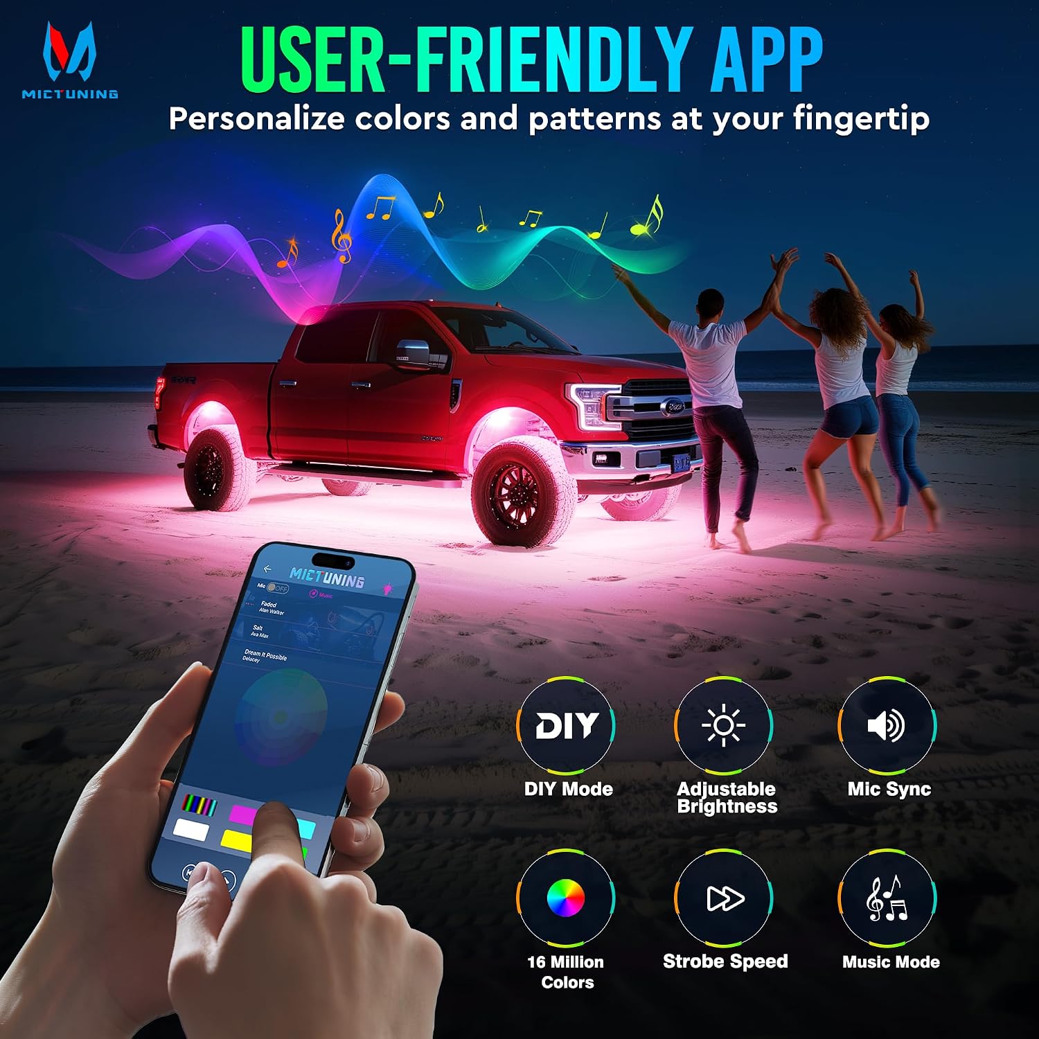 MICTUNING C4 RGBW Rock Lights Kit, 12 Pods 360° Ultra-Bright 4-Sided Wide Beam Angle Underglow Neon Accent Lighting Kit, Microphone Sync with APP Control, IP68 Waterproof