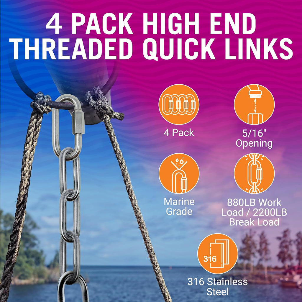 316 Stainless Steel Locking Chain Link, Threaded Quick Link Chain Connector Clips, Heavy Duty D Shape Quicklinks, 1/2", 3/8", 5/16", 1/4" Small Sizes, Marine Grade, 4 Pack Safety Links 1/4"