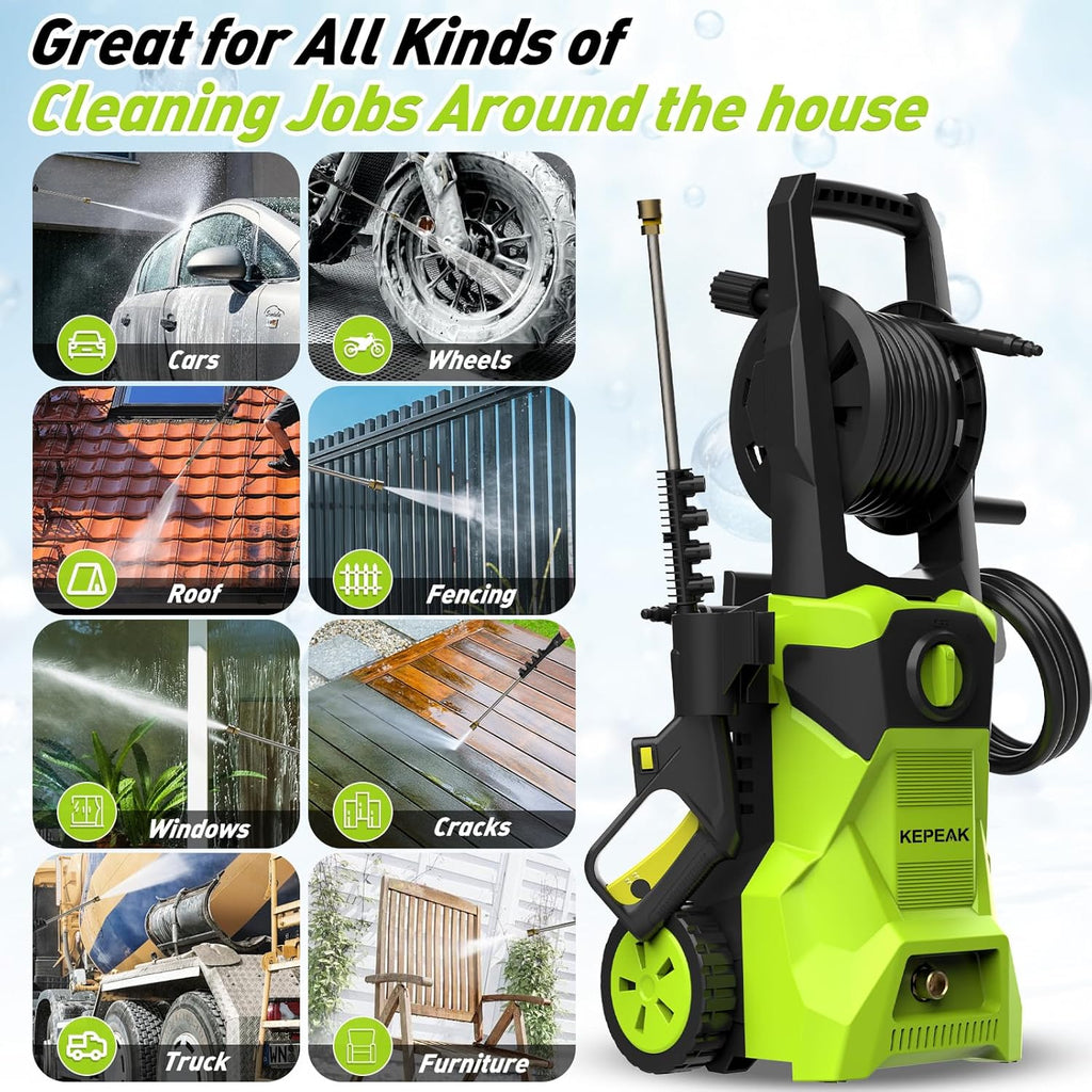 KEPEAK 5000PSI Portable PowerWasher with 4 Quick Connect Nozzles, Foam Cannon, 52ft Hose Reel, for Cars Fences Driveways Patios