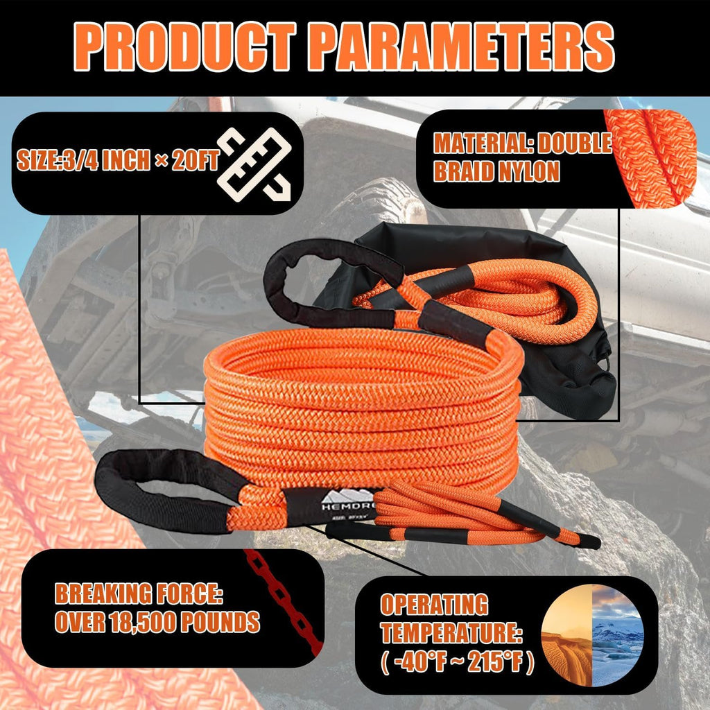 Heavy Duty Kinetic Recovery Rope 18,500 lbs, Nylon Tow Ropes for Trucks SUV | 35% Stretchable 3/4'' x 20ft Kinetic Recovery Tow Rope with Reflectie Vest, Off Road Tow Strap for Jeep UTV ATV, Tangerine