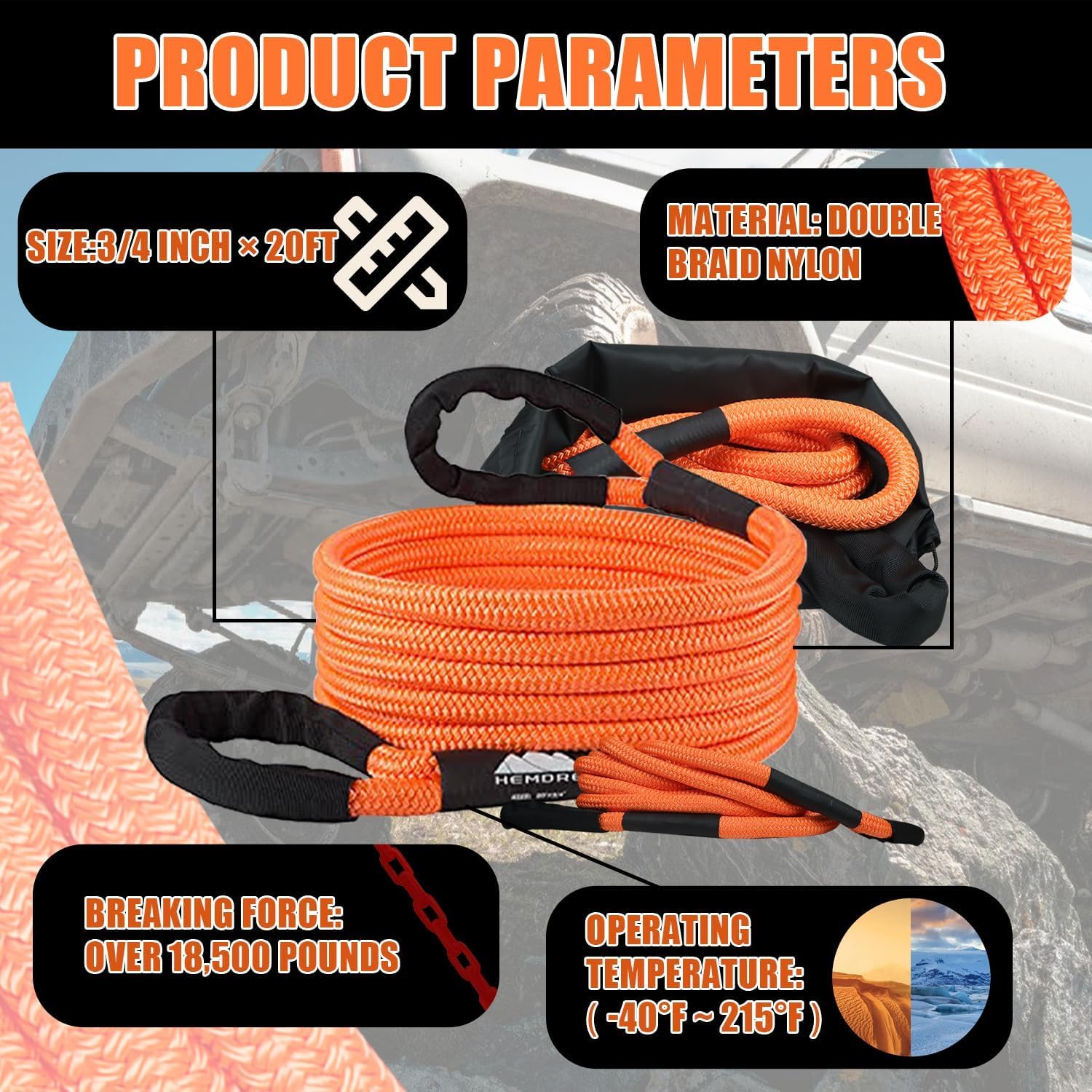 Heavy Duty Kinetic Recovery Rope 18,500 lbs, Nylon Tow Ropes for Trucks SUV | 35% Stretchable 3/4'' x 20ft Kinetic Recovery Tow Rope with Reflectie Vest, Off Road Tow Strap for Jeep UTV ATV, Tangerine