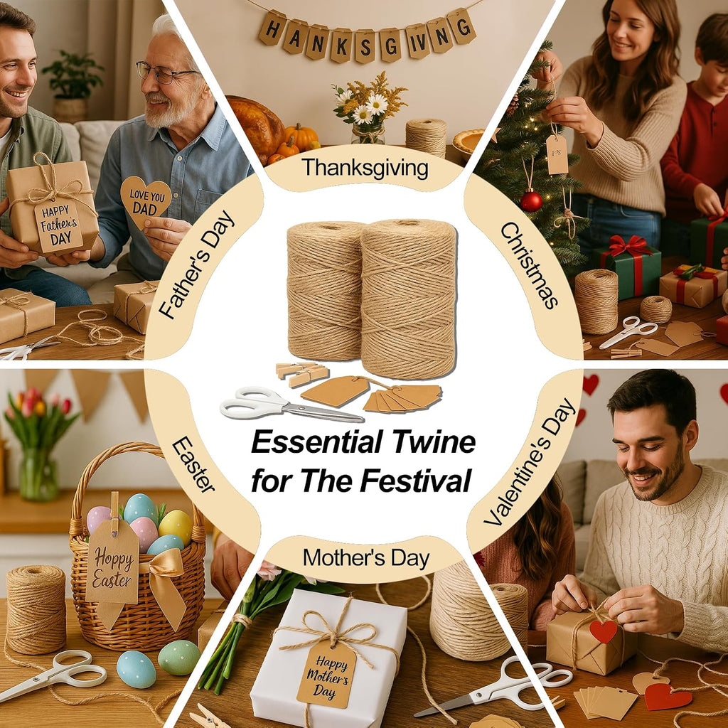 5 Pack Natural Twine String Suit: Jute Twine for Crafts Gardening Gift Wrapping Home Decor Knitting - 2mm 1200 Feet Jute Rope Twisted from 3 Ply - Suitable for Handicraft and Gardening Enthusiasts