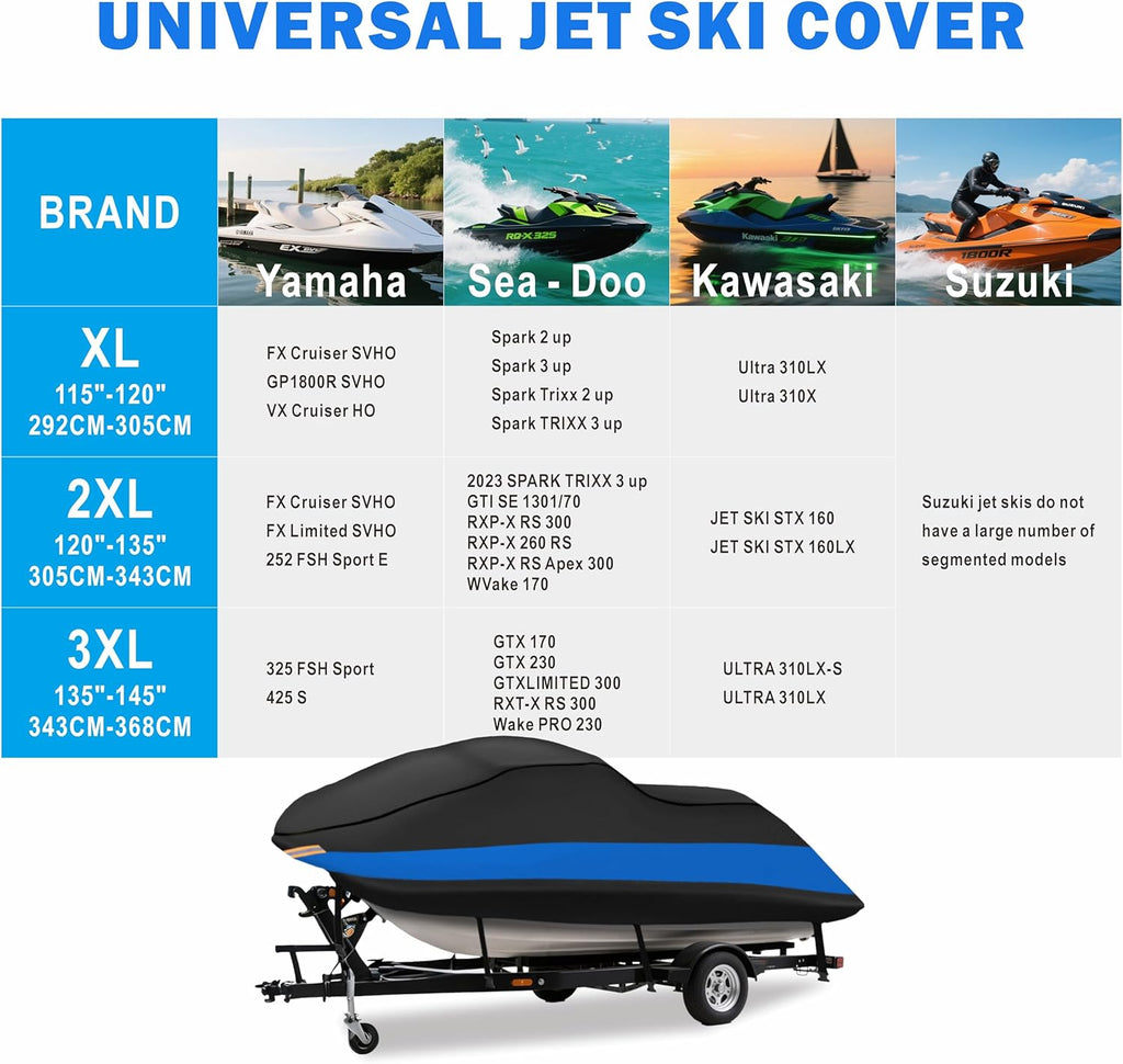 MORNYRAY Waterproof Jet Ski Cover - Heavy Duty Trailerable PWC Cover with Air Vents UV Resistant Compatible with Yamaha Seadoo K&S, Jet Ski Covers. (Blue, Fit from 115"-120" (1-3 Seater))