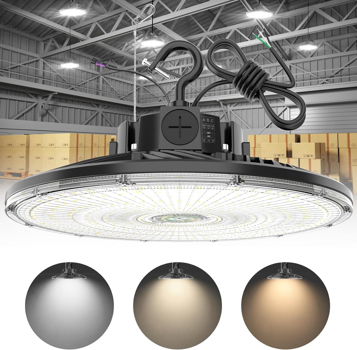 480V UFO LED High Bay Light 240W 200W 150W Adjustable, UL DLC Listed Dimmable