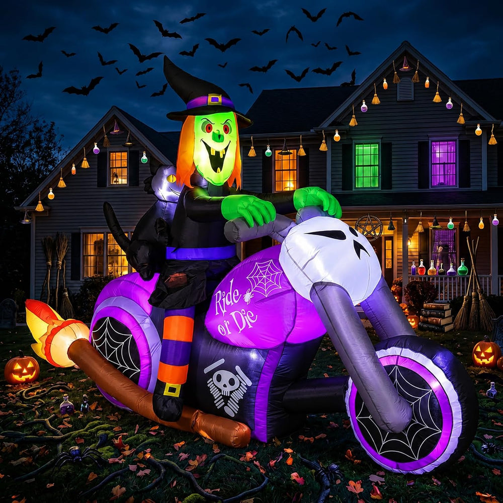 7FT Gaint Halloween Inflatables Witch on Motorcycle with Black Cat,Blow Up Ou...