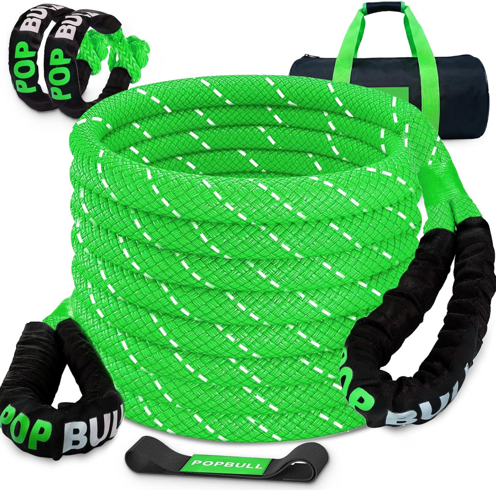 Kinetic Recovery Rope,(1.26in x 30ft Green) 56,000LBS Snatch Strap, Heavy Duty Stretch Nylon Towing Ropes with 2pcs Soft Shackles for Offroad Vehicle, Jeep, SUV, ATV, Tractor Elastic Ropes Kit