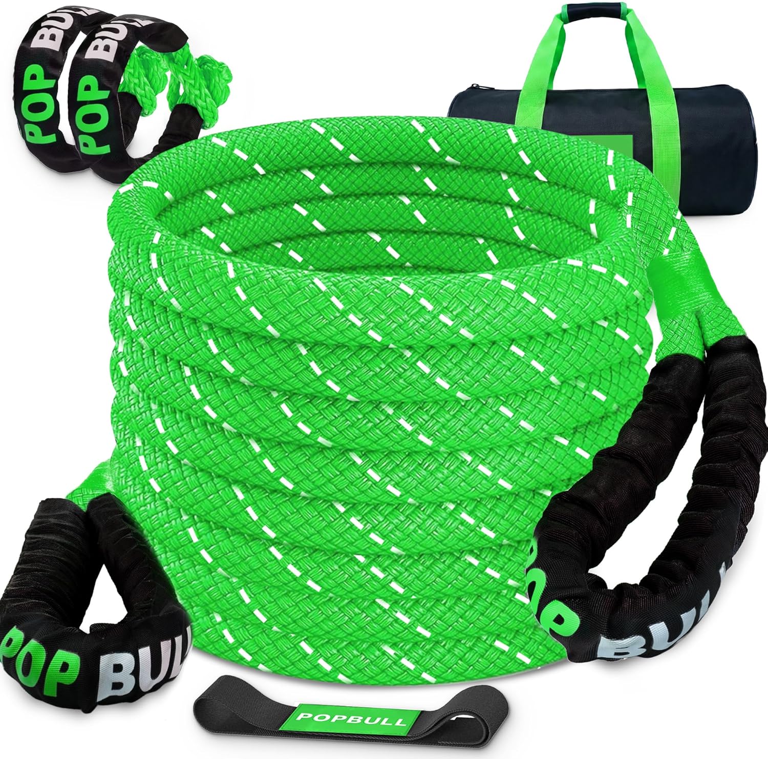 Kinetic Recovery Rope,(1.26in x 30ft Green) 56,000LBS Snatch Strap, Heavy Duty Stretch Nylon Towing Ropes with 2pcs Soft Shackles for Offroad Vehicle, Jeep, SUV, ATV, Tractor Elastic Ropes Kit