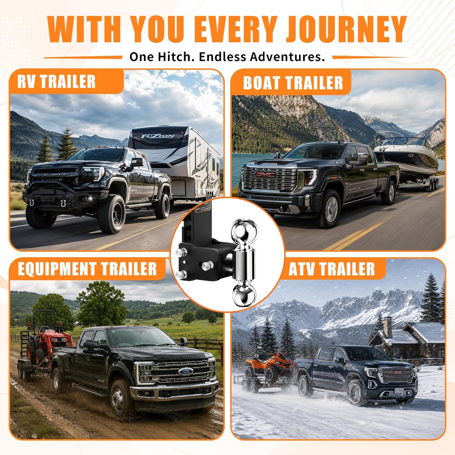 Fastgo Trailer Hitches - Fits 2.5" Receiver, Adjustable Trailer Hitch Ball Mount, Dual Ball (2" x 2-5/16") Tow Hitch, Drop Hitch, Truck Hitch, Anti-Theft, 5" Drop/Rise, 18500GTW