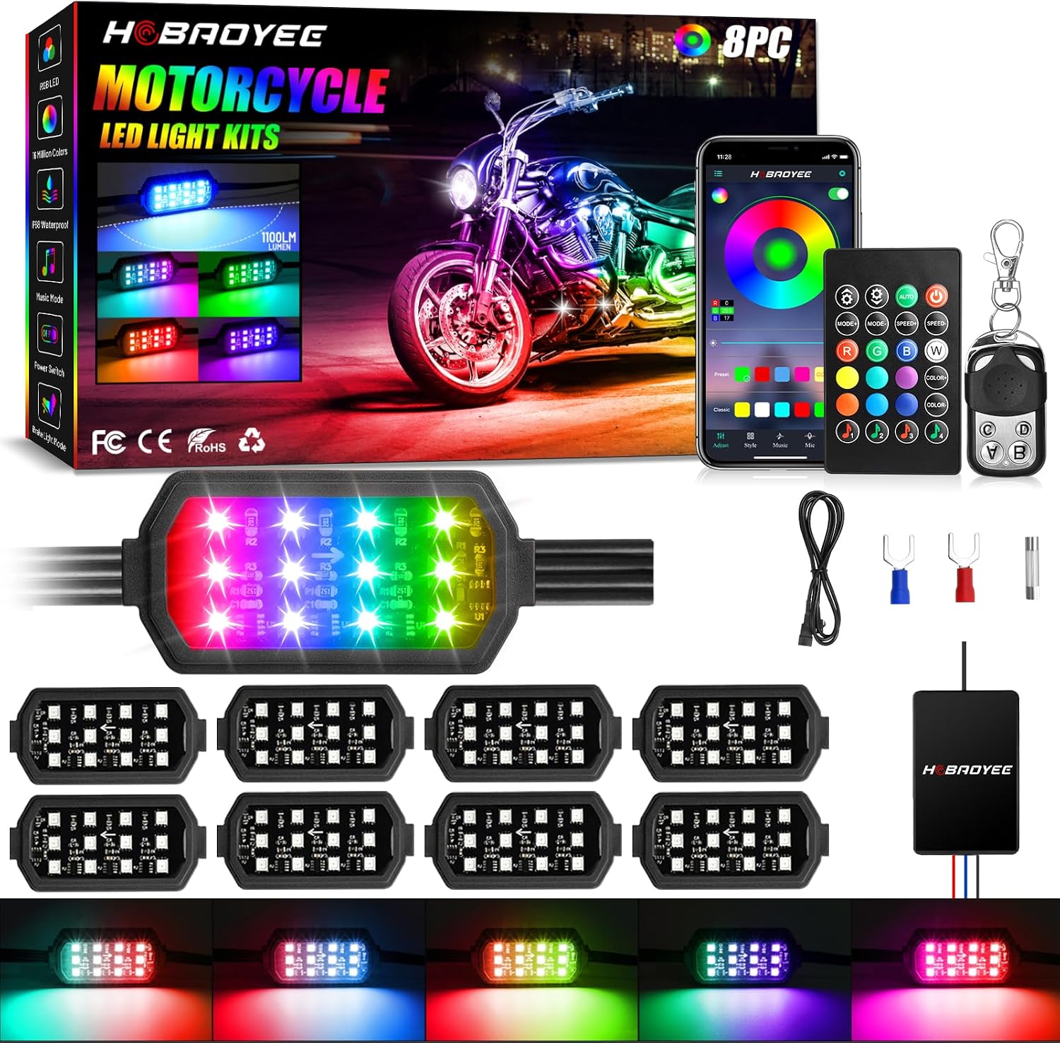 8Pcs Motorcycle LED Light Kit, 12 LEDs SMD Chips Magic-RGB Multicolor Lights, Underglow Kit with APP/RF Remote Control, Fit Most Motorcycles, ATV, UTV
