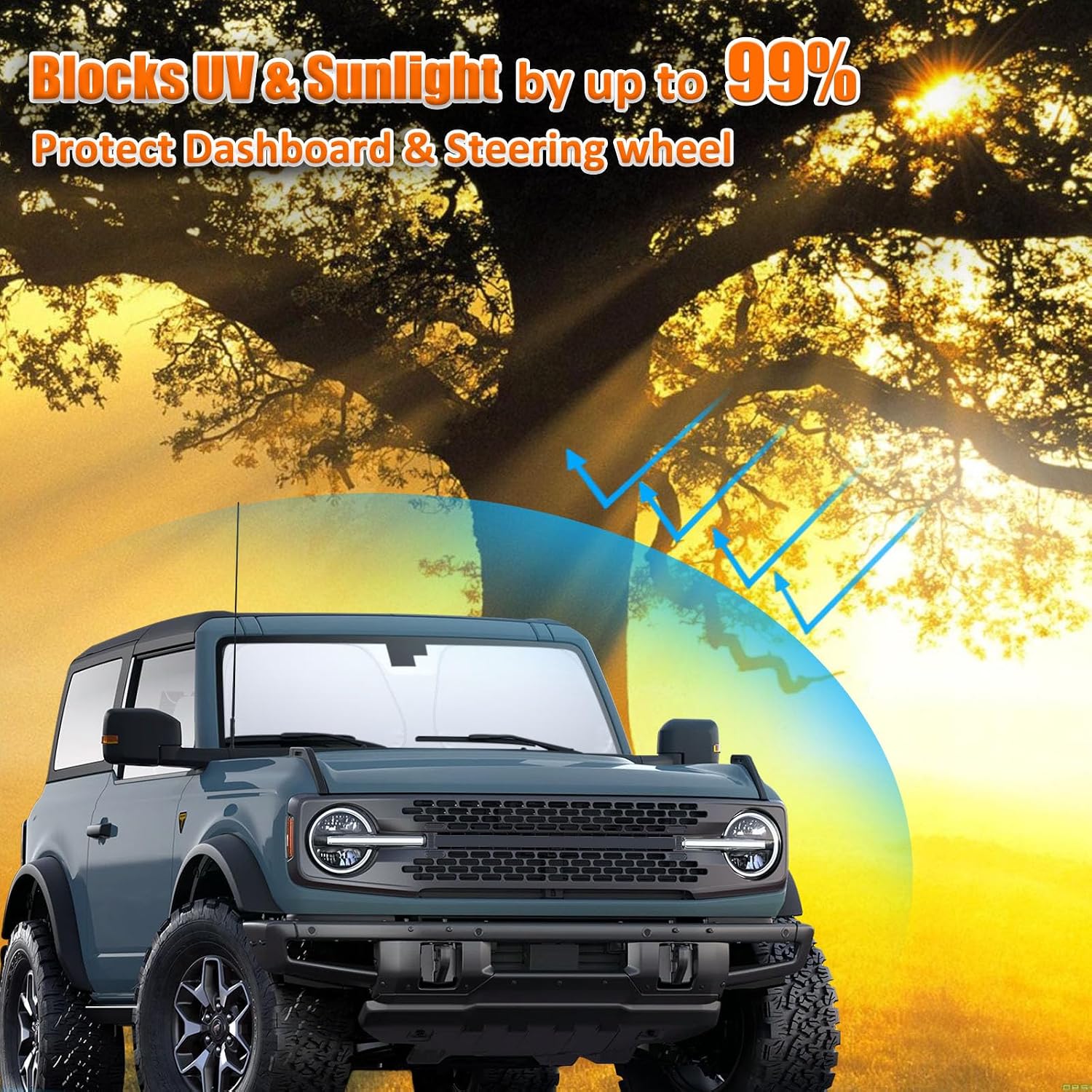 TOPINSTALL Foldable Windshield Sunshade Compatible with Ford Bronco 2/4-Door 2021-2026, Front Window Sun Protector with Storage Pouch Thicker Reflective Polyeste (Not for Sport Model)