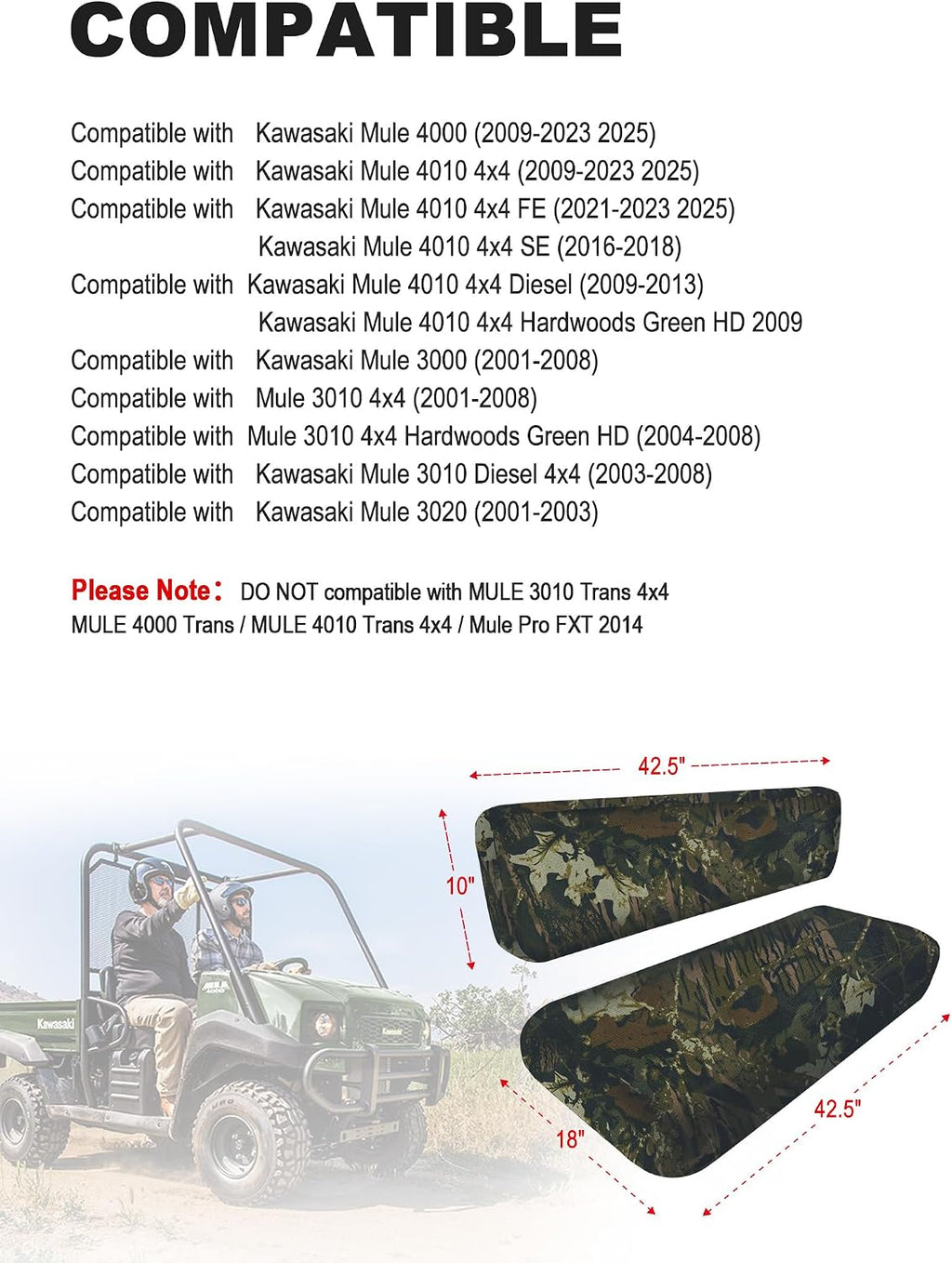 ZIDIYORUO Mule Bench Seat Cover Compatible with Kawasaki Mule 3000 3010 3020 4000 4010 (2001-2023 2025), Fabric Waterproof Anti-Scratch UTV Seat Cover Set for Mule Seat Accessories Parts（Camo）
