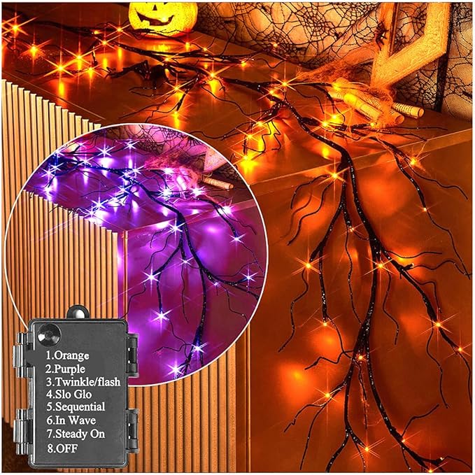 Hairui Lighted Halloween Garland with 48L Orange and Purple Bi-Color LED Lights 8 Functions, Black Glittered Garland Lights Battery Operated 6FT for Indoor Outdoor Halloween Party Decoration