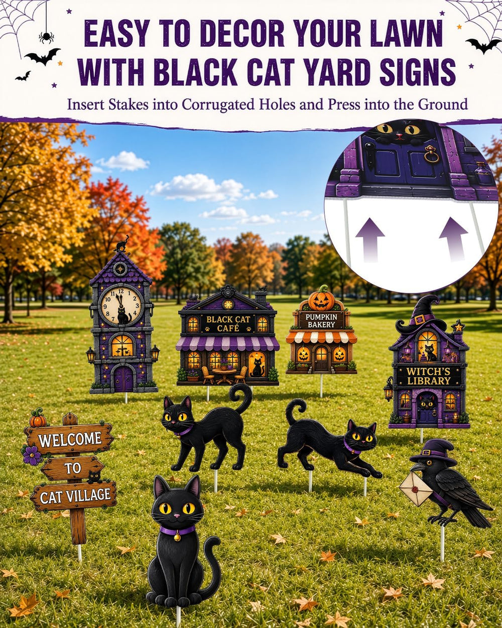 Halloween Yard Signs Outdoor Decorations - 12 Pcs Black Cat Village Set
