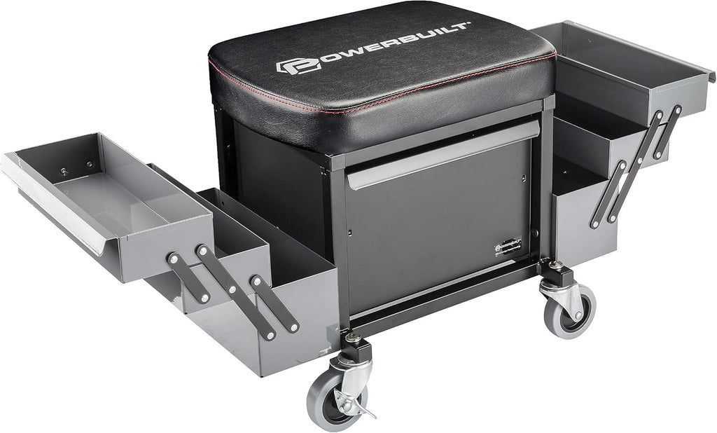 Powerbuilt Rolling Seat with Expandable Tool Trays, Roller Toolbox Garage Stool