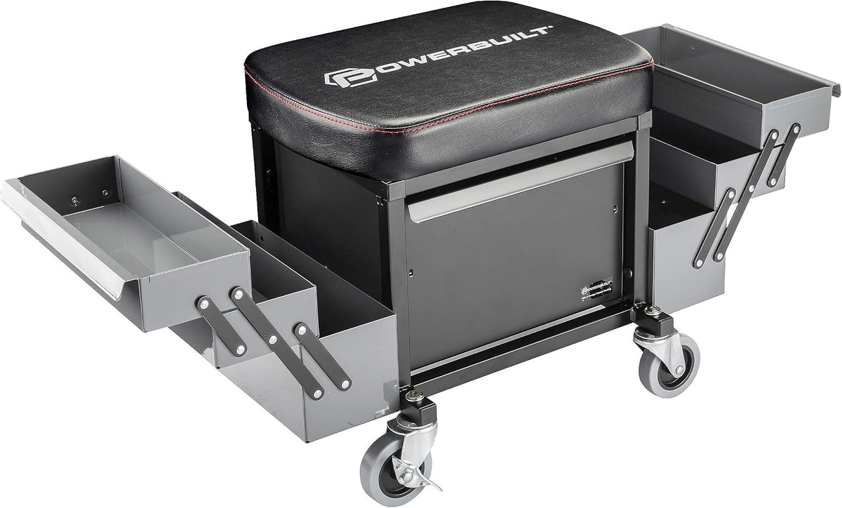Powerbuilt Rolling Seat with Expandable Tool Trays, Roller Toolbox Garage Stool