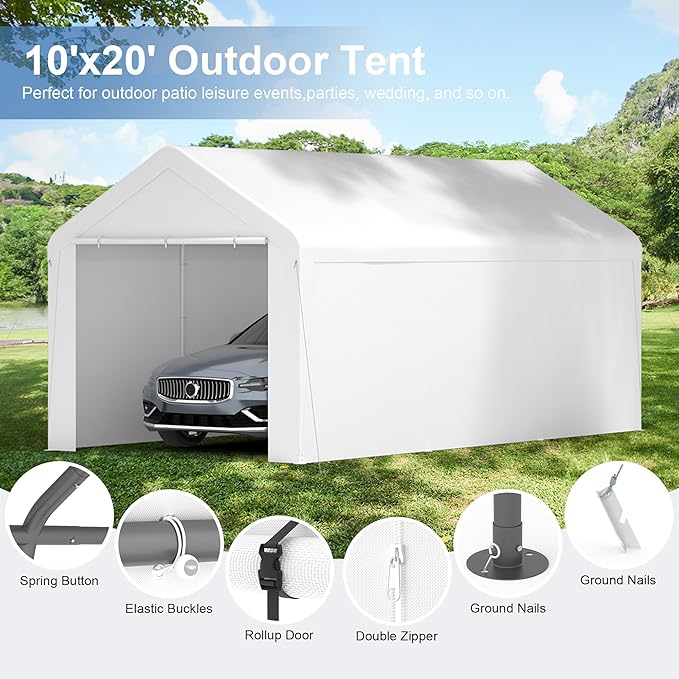 Carport, 10‘ x 20’ Heavy Duty Portable Garage All-Season Car Canopy w/Removable - Image 3