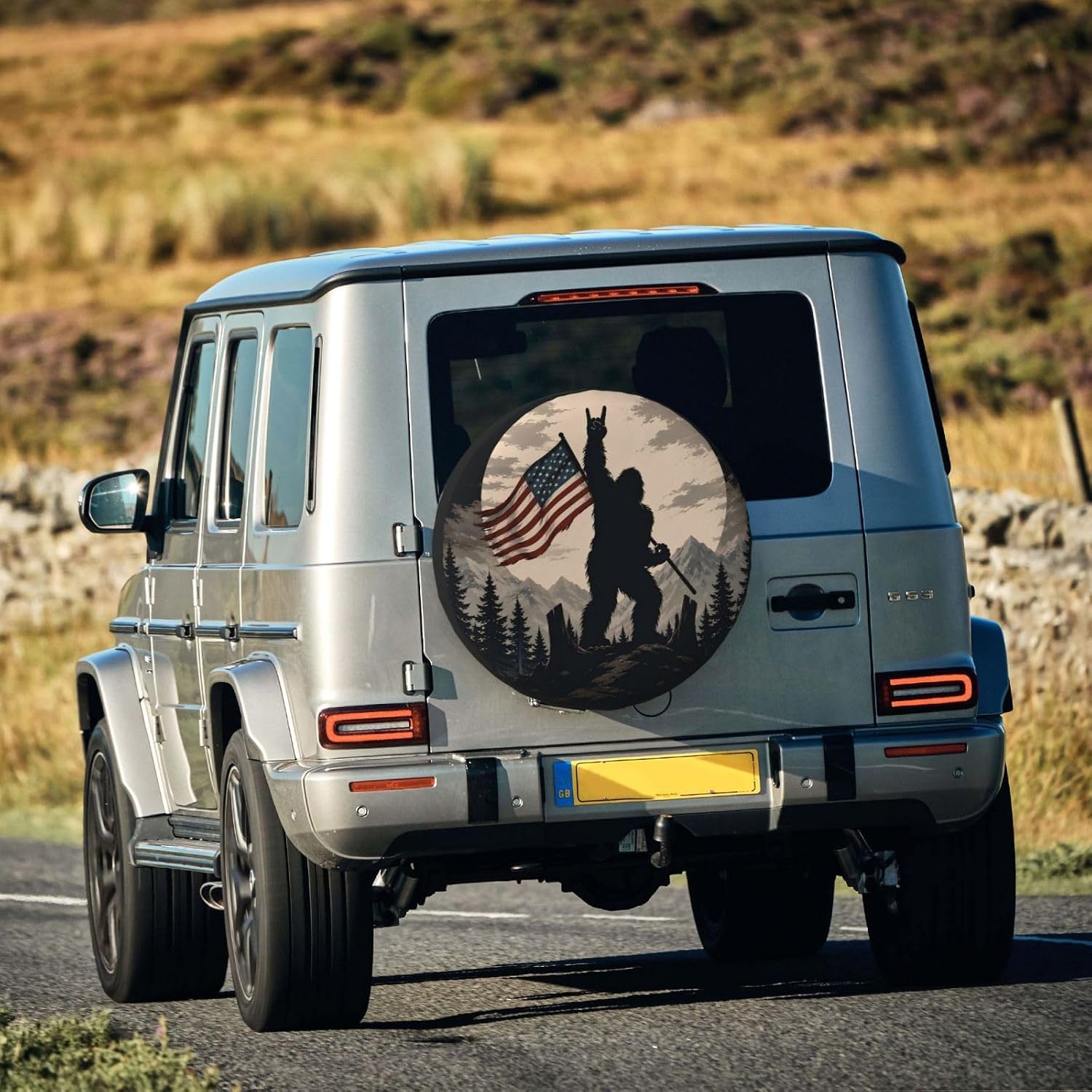 Patriotic Bigfoot Spare Tire Cover for RV Camper SUV Truck, Waterproof Polyester Tire Wheel Cover, Universal Fit Outdoor Spare Wheel Protector with 15in