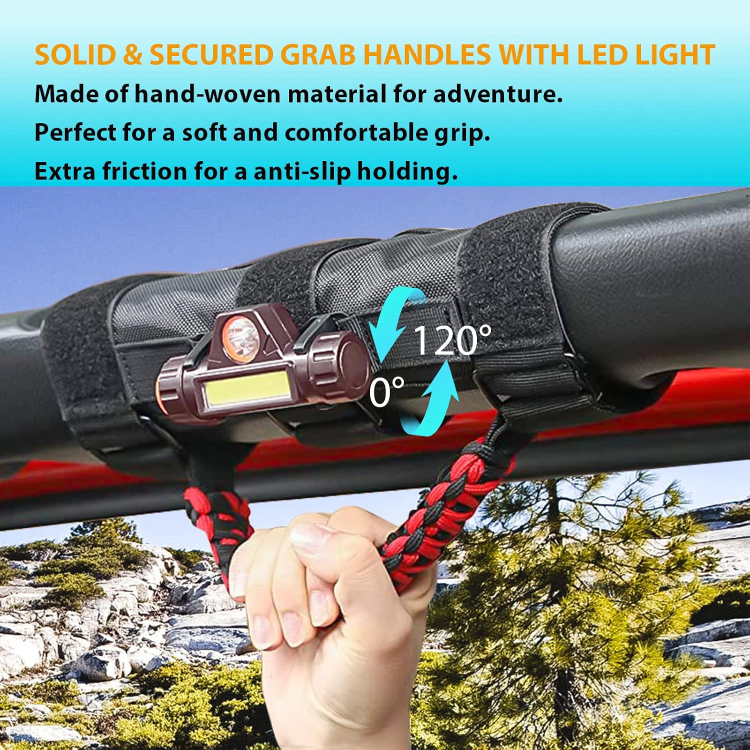 GAIZON 2 Pack Grab Handles Roll Bar Paracord for Jeep Wrangler Accessories Sahara Freedom Rubicon CJ YJ TJ JL JK LJ JLU JKU,Gladiator JT 1955-2023 Interior Accessory,Grip Handle with LED Light(Red)